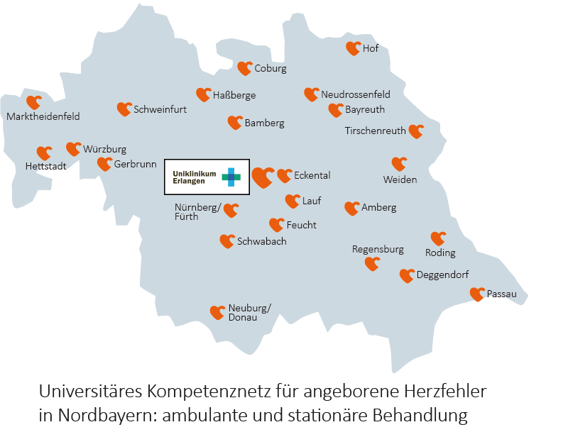 Karte des universitären Kompetenznetzwerks für angeborene Herzfehler in Nordbayern